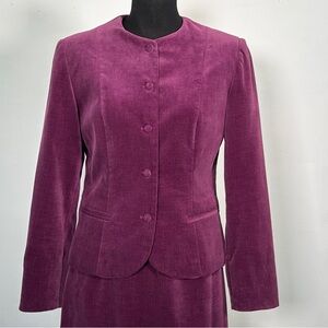 Vintage 70s Plum Velvet Skirt Suit Jacket Collarless Aline Midi Arleen XS/S